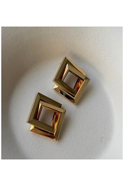 Alaçatı Geometrik Kare Tasarım Kadın Küpe Gold Renk İtalyan Model Küpe