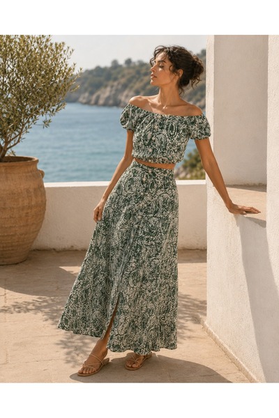 ileenofficial Maxi boy önden yırtmaçlı saten desenli etek
