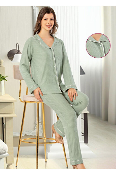 Kadın Fitilli Düğmeli Uzun Kollu Pijama Takımı
