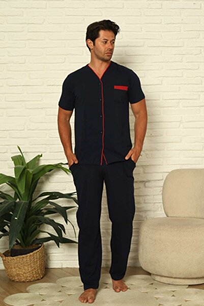 ALİMER Front Buttoned Men's Pajama Set - Navy Blue Short Sleeve Lycra Cotton ...