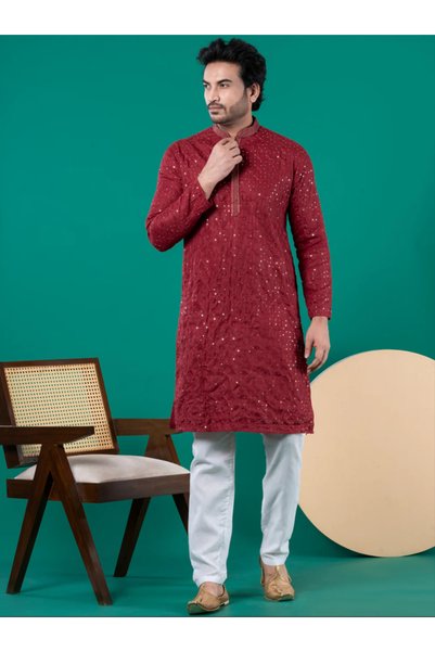 Devoiler Mens Thread & Sequins Work Cotton Kurta Set