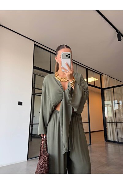 BB Bensu Buyruk Tie-Up Kimono Pants Suit Khaki