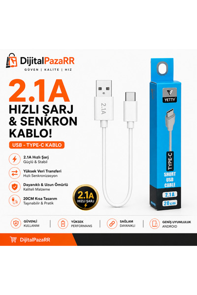 dijitalpazarr Yetty Type-C Kısa Hızlı Powerbank Şarj ve Data Kablosu 2.1A Bey...