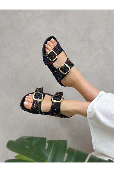 ERVANIN BUTİĞİ Black Straw (Aven) Double Buckle Women's Slippers