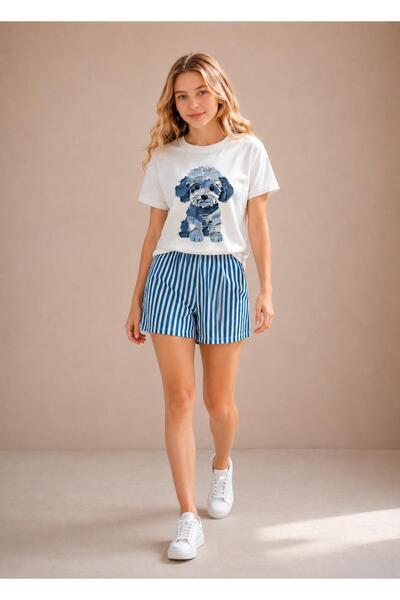 wees mod Women's Printed T-Shirt and Striped Shorts Two-Piece Combination Set