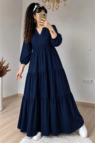 AZRA BUTİK Ruffled Skirt Lace Stripe Detailed Dress Navy Blue