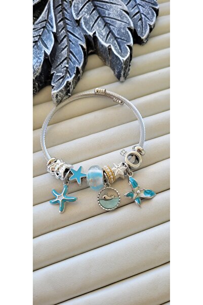 YİĞİTKARANAKSESUAR Steel Blue Charm Bracelet – with Sea Star, Butterfly and W...