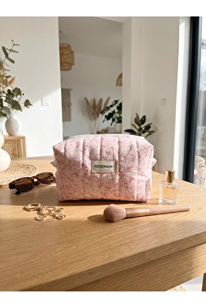 PURSEMARK Pembe Çiçek Desenli Kapitone Makyaj Çantası – (Medium) Kozmetik Org...