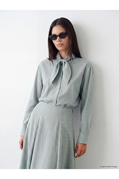 LC Waikiki Blue Scarf Collar Plaid Women's Shirt