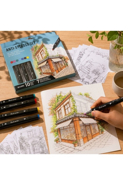 Z Store Set de colorat anti-stres – 10 coli cu modele și 7 markere pe bază de...