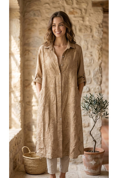 yusracollectionn Women's Italian Linen Ethnic Embroidered Maxi Shirt Dress – ...