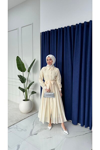 Esra Butik78 %100 Tensel Kumaş Astarlı Gizli Düğmeli Kuşaklı Elbise – 135 cm ...