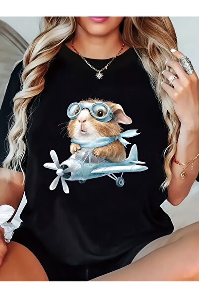 212Wear تي شيرت نسائي لطيف برسومات خنزير غينيا، بأكمام قصيرة وياقة دائرية، مز...
