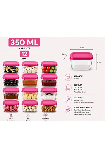 12’li 350Ml Şeffaf Kristal Kare Saklama Kabı