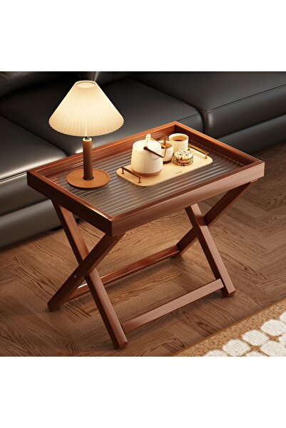 Zztcmp Foldable Wooden Side Table with Raised Tray Edge, X-Shaped Legs Accent End Table, No-Assembly Snack Sofa Side Table for Living Room, Bedroom & Small Space