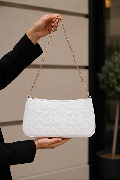Sellini Star Embroidered Chain Strap White Women's Shoulder Bag