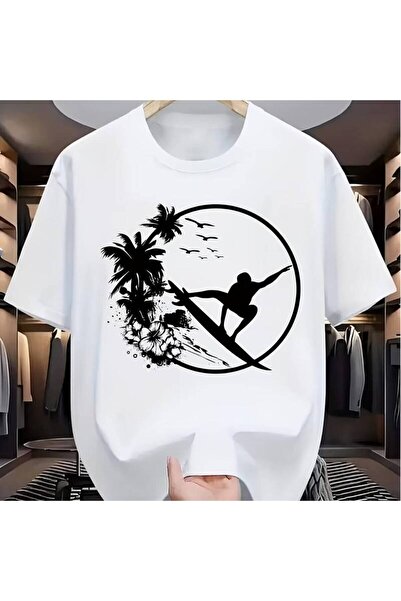 NOURAM New Summer Men's Pure Short-Sleeve T-Shirt with Hawaiian Surfing Cocon...