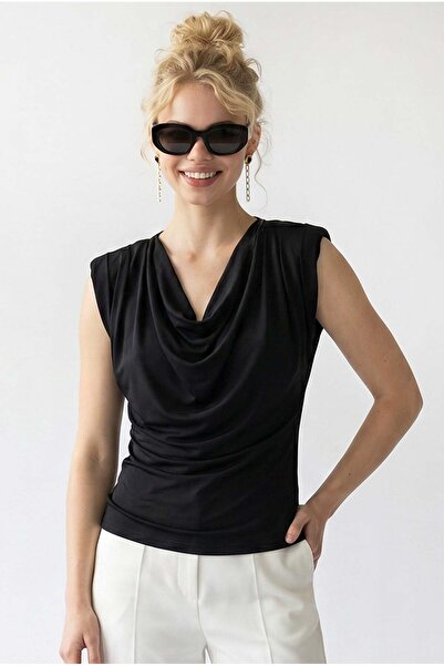Mixray 2133 Women's Padded Collar Slim Fit Sleeveless Blouse Black