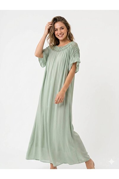 Genel Markalar Fortuna Moda İtalyan İpek Detaylı Dantel Yaka Oversize Elbise