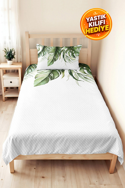 Evimde Bambaşka Tropical Leaf Green Single Pique Set - Botanički beli 160x220...