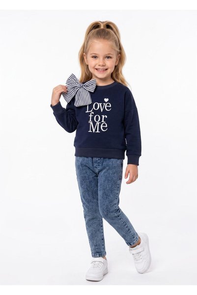 Bulut Sezen Bottom Top-Long Sleeve-Ribbon and Embroidery Detailed Denim Set 2-Piece-Girls-Pink Navy Blue