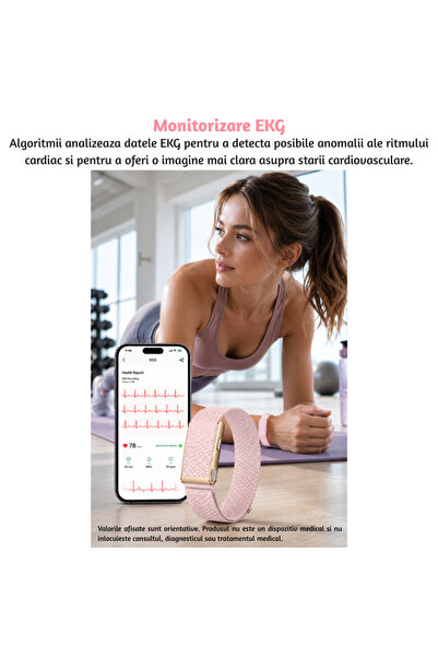Lommad Bratara Smart Lommad® fara ecran, dama, EKG, Puls, Oxigen sange, Temperatura, Acid uric, Compozitie corporala, Somn, IP68, autonomie pana la 15 zile, Aurie + CADOU bratara roz