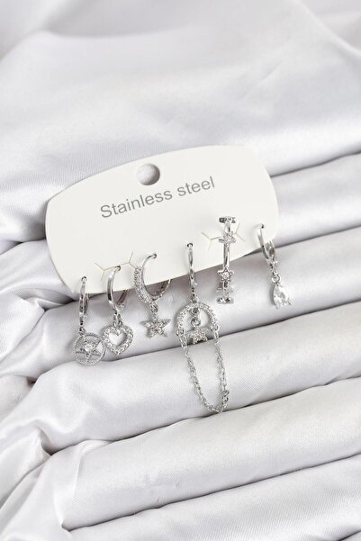 Clariss 316L Steel Silver Color Zircon Stone Chain Detailed Women's Earring Set