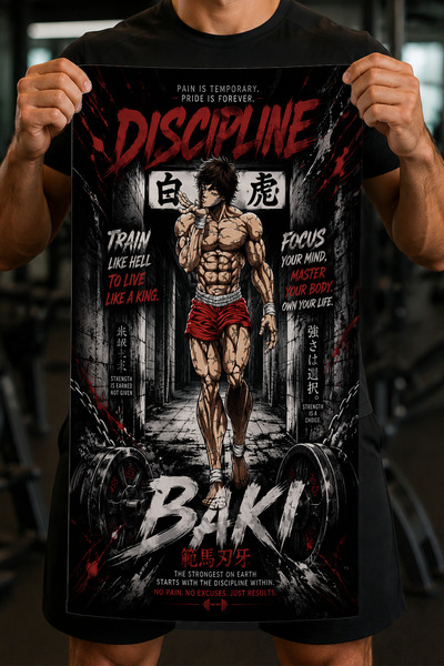 Charmbi Baki Hanma 45x90 Fitness Havlusu | Canlı Dijital Baskı Premium Pamukl...