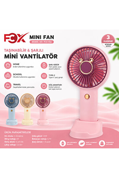fcx Mini Fan Şarjlı Taşınabilir El Vantilatörü 3 Kademeli Type-C Telefon Stan...