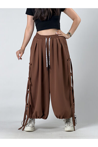 COCOPELLI Women's Brown Wide-Legged Loose Trousers with Rope Detail Coc3239