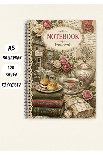 VORACRAFT Vintage Tea Temalı Not Defteri 50 Yaprak /100 Sayfa, A5 / Tel Spira...
