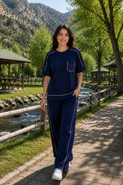 yb yağmur butik Shoulder and Pocket Stone Detailed Ribbed Tracksuit Set