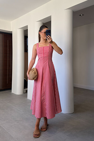 MAGARDE Rochie maxi cu imprimeu Gingham - ROȘU
