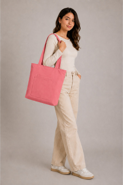 İKStore Women's Dusty Pink Zippered Hand and Shoulder Bag Fabric Tote Bag A2