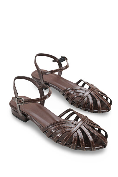 Bak Store Bitter Brown Women's Sandals with Kitten Heels and Gold Piping Ankl...