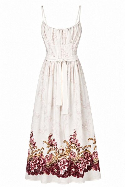 elif teke Burgundy Floral Patterned Dress Ecru