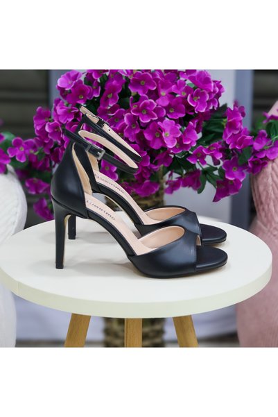 favorimo Women's Black Leather Single Strap Thin High Heel Shoes Sandals
