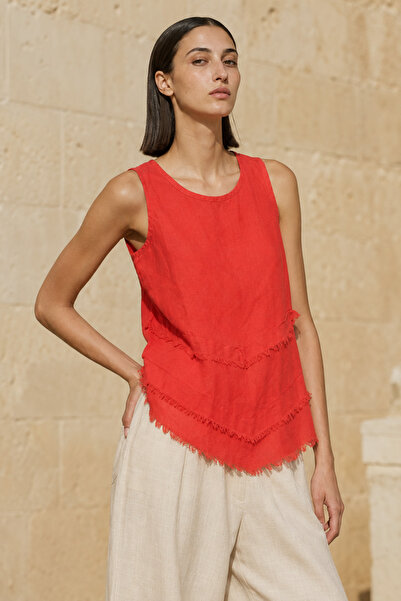 Ivoire Wear Red Layered Tassel Detailed 100% Cotton Sleeveless Women's Blouse