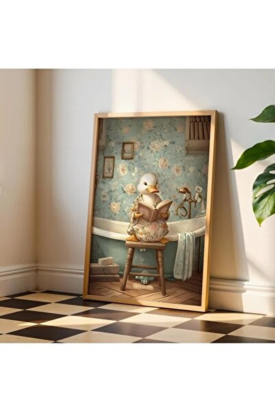 AR AJANS KANVAS TABLO Cute Duck Reading a Book in the Bathroom Decorative Fra...