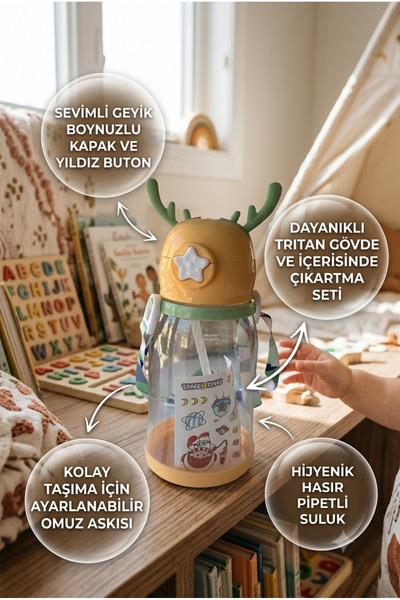 Homerest Geyik Boynuzlu Tritan Çocuk Suluğu Pipetli Askılı Okul Matarası Etik...