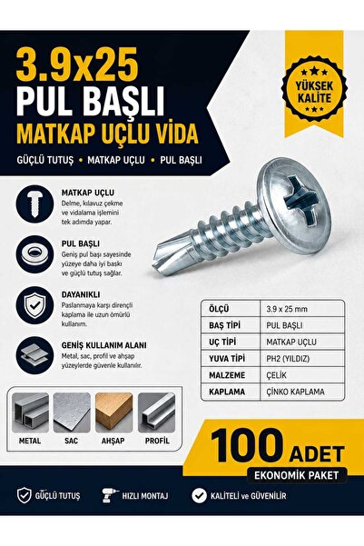 Üstün 3.9x25 RYSB Pul Başlı Matkap Uçlu Akıllı Vida - 100 ADET
