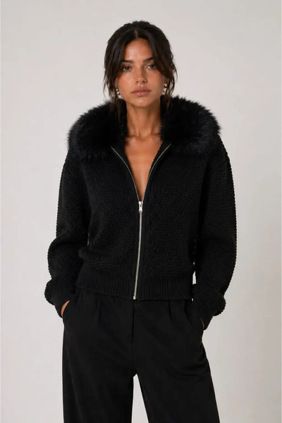 Kinzi Πλεκτή ζακέτα σε total black χρώμα (ζακέτα και γούνα), One Size (έως XL...