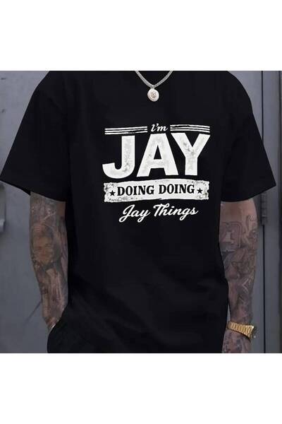 2mcup تي شيرت رجالي كاجوال أسود بطباعة 'I'm JAY Doing Jay Things' للارتداء ال...