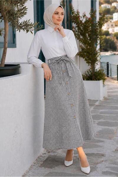TRENDTESETTÜR KADIN SİYAH KUŞAKLI ÇİZGİLİ GOFRE ETEK T 2770
