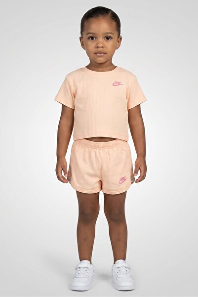 Nike Toddlers Girl 2 Pieces Embroidered Logo T-Shirt And Shorts Set, Peach