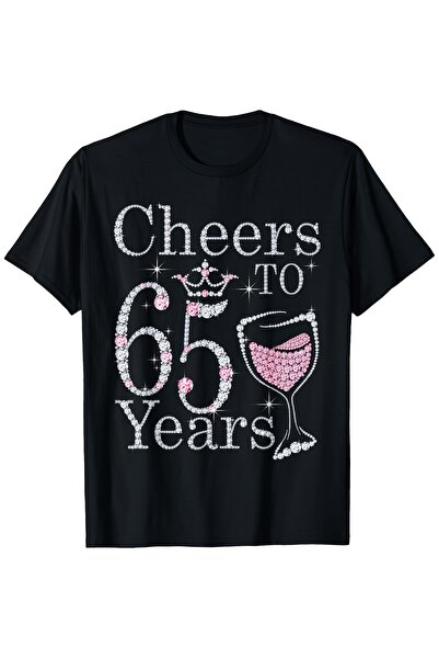 23 nisan Cheers to 65 Years Birthday T-Shirt | Black Glittery Pink Text Champ...