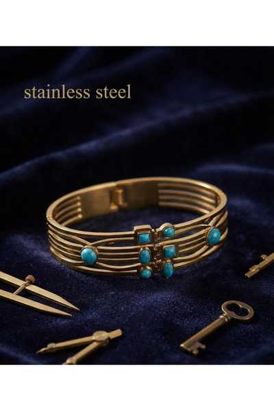 stainless steell سوار من الفولاذ بنمط الخرز الأزرق باللون الذهبي