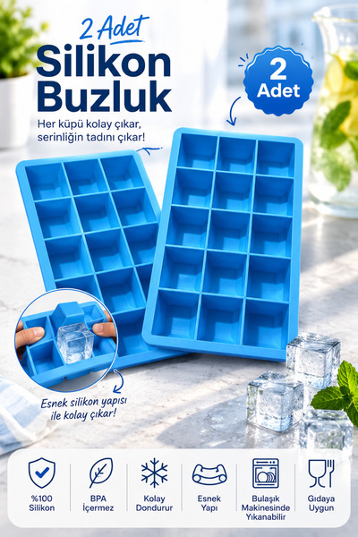 evolis kitchen 2 Adet 15 Bölmeli Büyük Boy Silikon Buz Kalıbı-Kare Buzluk Kok...