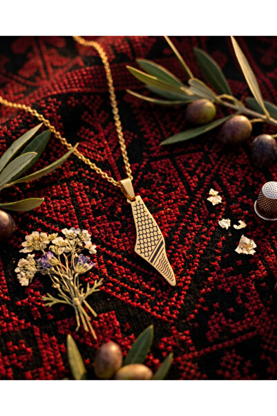 Zaytoon Palestinian Map with Kefiye Pattern Gold Color Chain Strawberry Neckl...