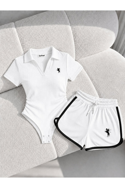 Gofeel Basic Polo Yaka Nakışlı Şort Bluz Takım